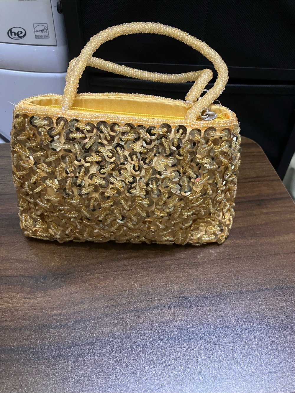 Gold Sequin Beaded Evening Clutch with Beaded Handles - Picture 2 of 11